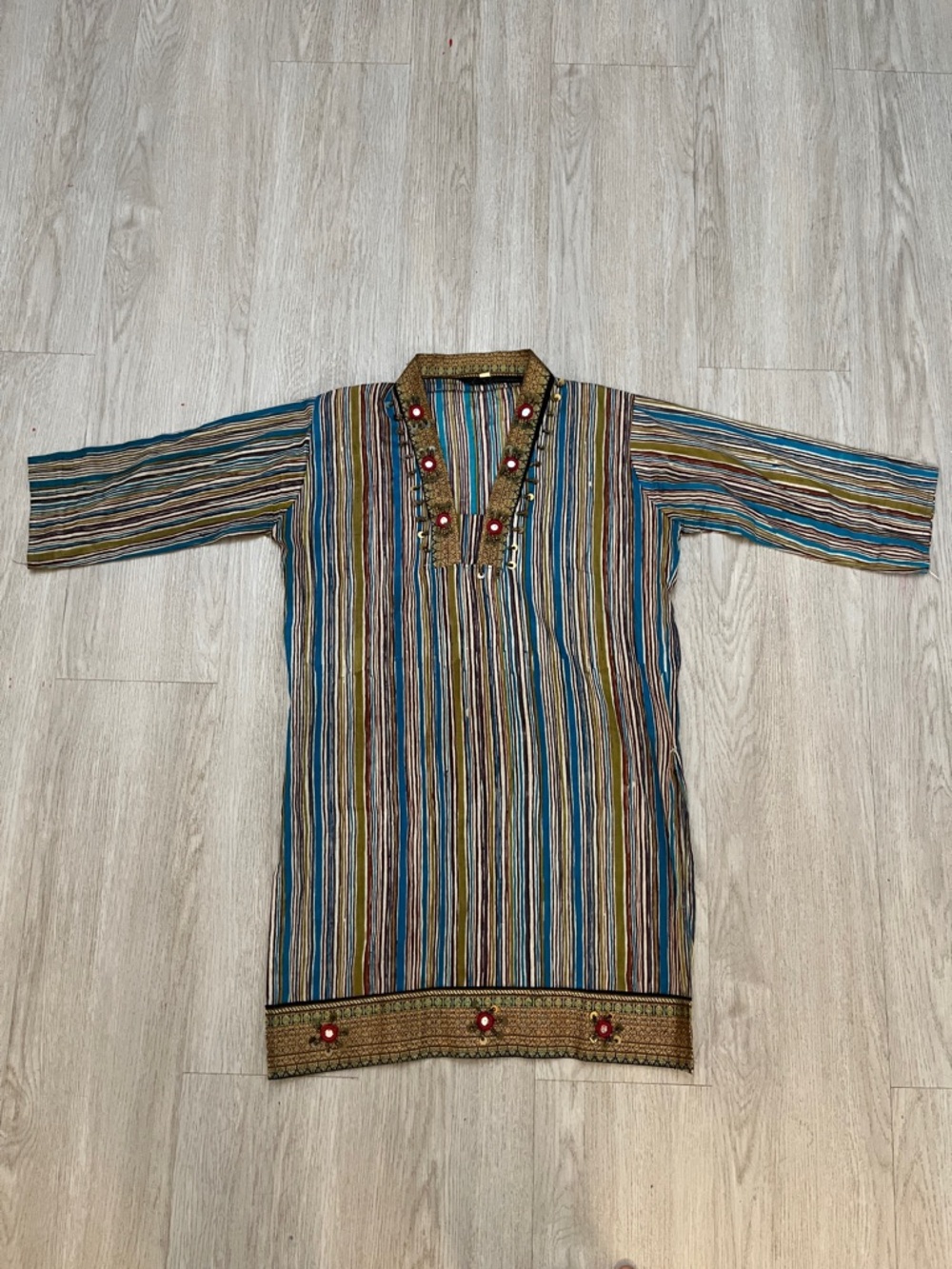 Striped Embroidered Indian Tunic Spilt Sides Dress in Teal, Brown, Gold One Size